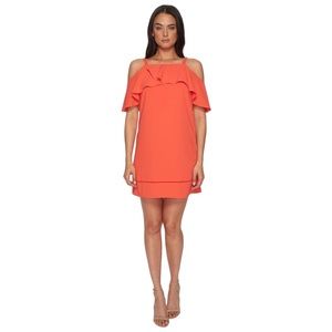 MAGGY LONDON Coral Ruffle Cold Shoulder Shift Dress Size 6 Crepe MSRP $110